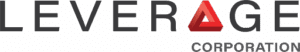 Logo for Leverage Corporation, designed by Norman Harber. The word LEVERAGE is in uppercase letters, with the A replaced by a red, three-dimensional triangle. CORPORATION appears in smaller uppercase text below the last letters.