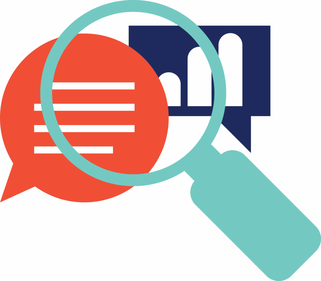A large magnifying glass overlaps a red speech bubble with white lines and a navy blue speech bubble featuring a white bar chart, symbolizing vendor risk management through analysis and clear communication.