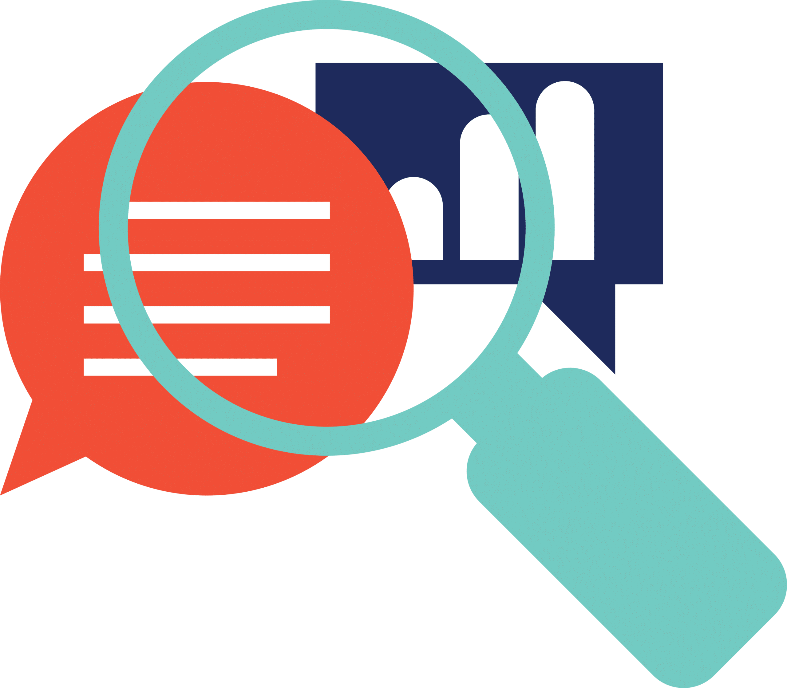 A large magnifying glass overlaps a red speech bubble with white lines and a navy blue speech bubble featuring a white bar chart, symbolizing vendor risk management through analysis and clear communication.
