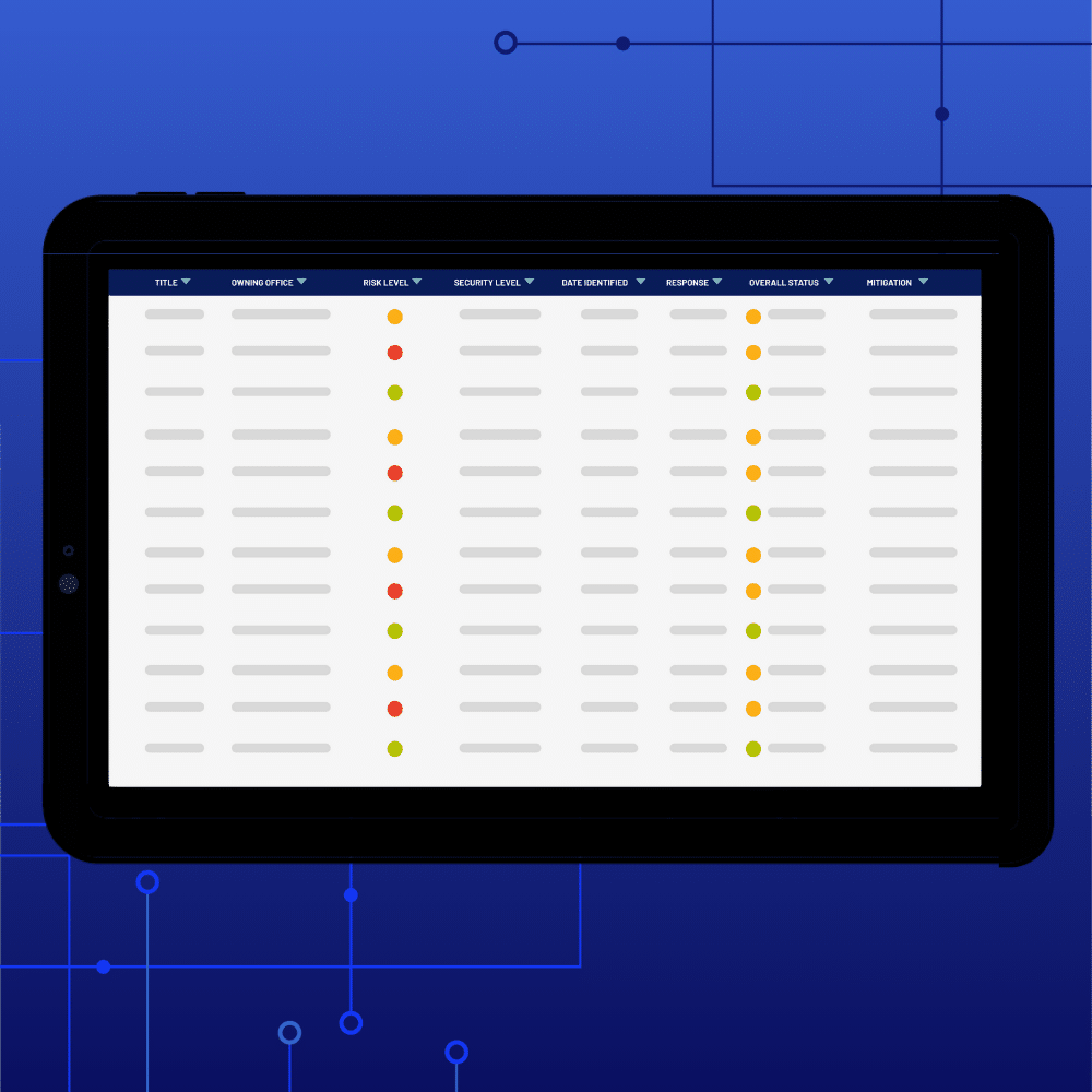 A tablet displays a data table with categories like risk level, security level, plan of action, and overall status. Colored dots (red, yellow, green) show statuses in each row against a blue tech-themed background.