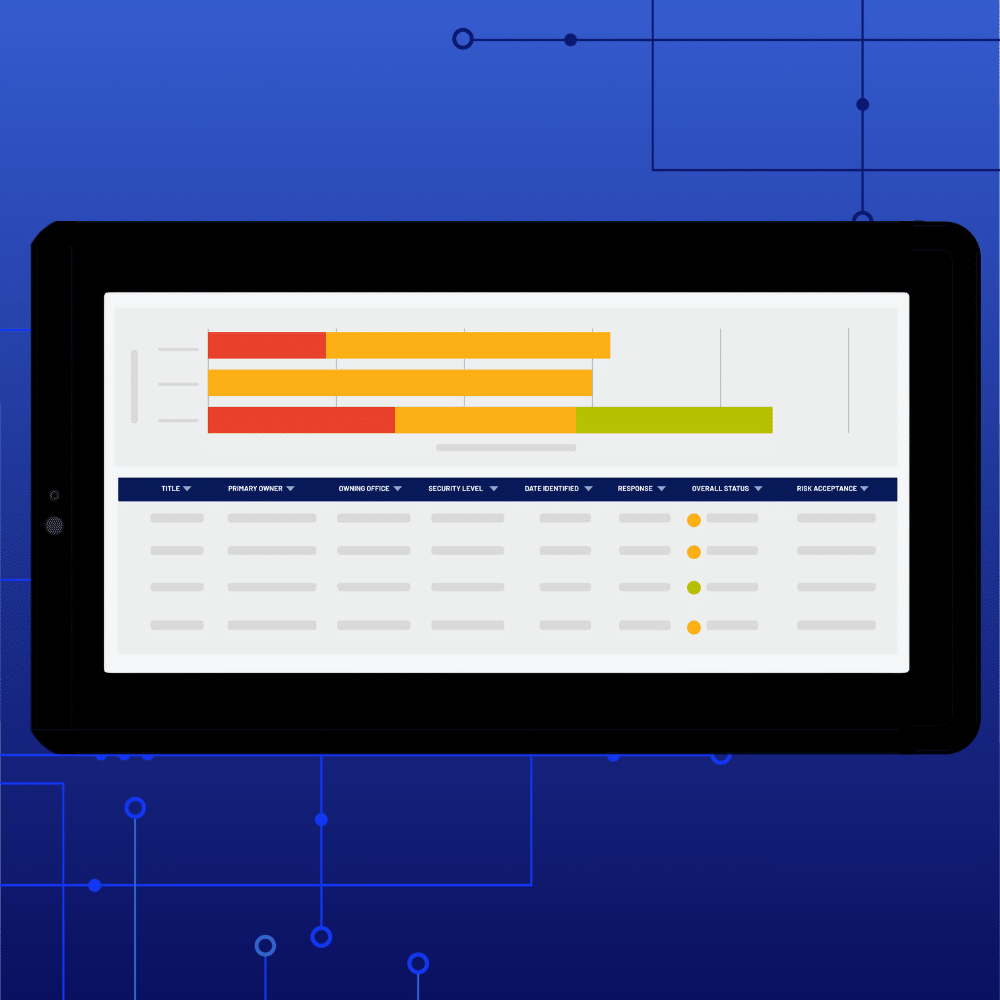 A tablet displays a bar chart with colored bars of varying lengths and a table below it, illustrating Milestones Management against a blue background with abstract circuit-like lines and nodes.