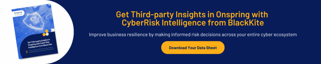A digital banner promoting CyberRisk Intelligence from BlackKite highlights the benefits of vendor risk assessment software, featuring a data sheet image on the left and a yellow "Download Your Data Sheet" button on a blue background.