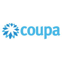 The Coupa logo, showcasing a white and blue flower-like graphic to the left of the blue lowercase word coupa, highlights seamless integrations on a transparent background.