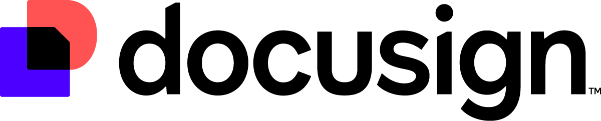 DocuSign logo featuring a stylized black, purple, and red document icon to the left of the word “docusign” in bold, black lowercase letters on a white background, highlighting its powerful integrations.