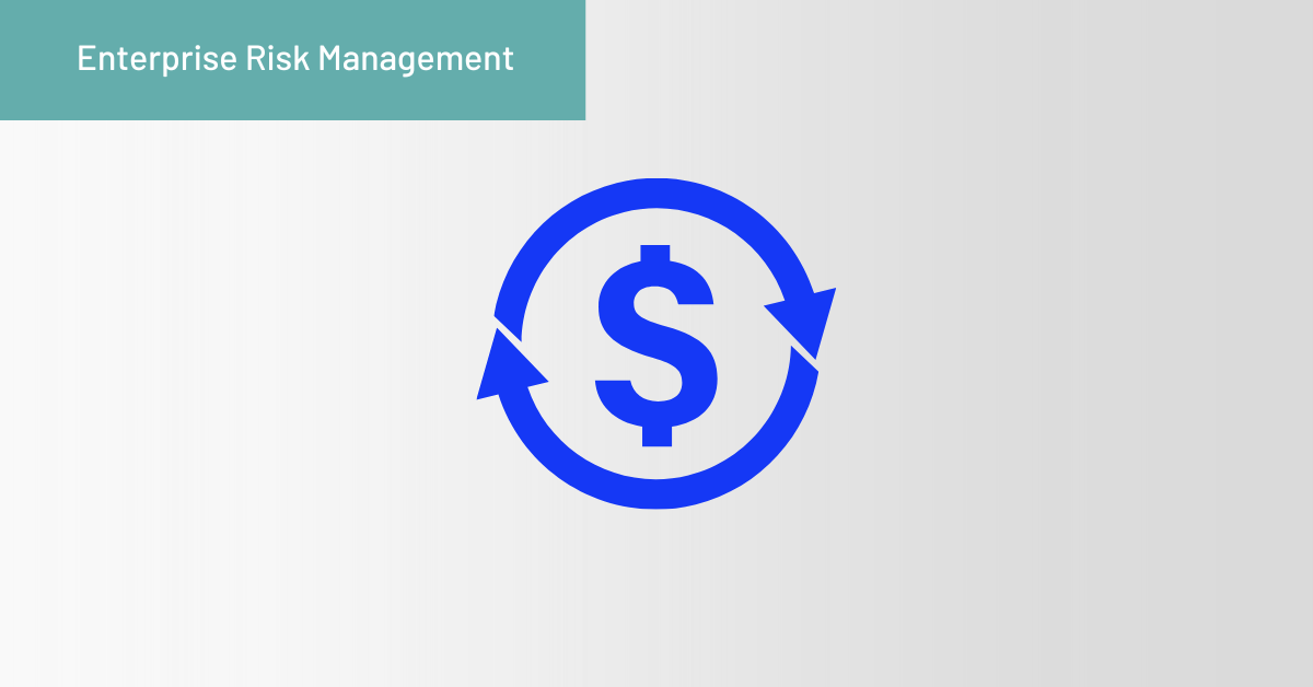 A blue dollar sign with circular arrows is centered on a light gradient background, symbolizing enterprise risk management. Enterprise Risk Management appears in a teal box in the top left corner.