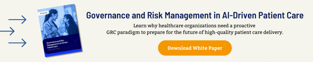 Banner promoting a white paper titled “Governance and Risk Management in AI-Driven Patient Care,” featuring a download button and brief insights on GRC for healthcare organizations, including what is a HIPAA risk assessment. White paper cover image displayed on the left.