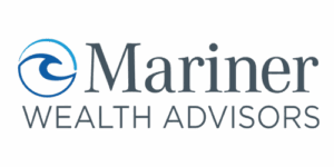 Logo of Mariner Wealth Advisors, a Mariner Holdings company, featuring a blue circular wave icon to the left of the companys name in gray text, with Mariner above and Wealth Advisors below in capital letters.