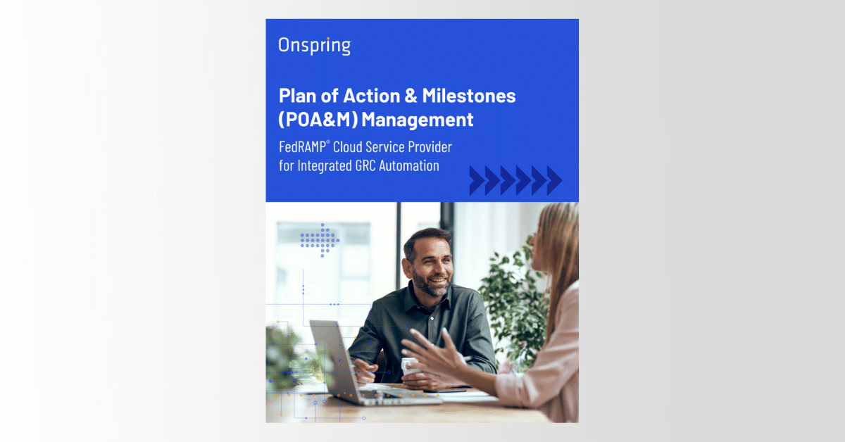A man and woman sit at a table, engaged in conversation with a laptop in front of them. The image is overlaid with text about Onspring GovCloud’s POA&M Management Data Sheet and FedRAMP cloud service for GRC automation.