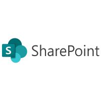 SharePoint logo featuring a teal icon with overlapping shapes and an S on a square, next to the word SharePoint in black text—highlighting seamless integrations on a white background.