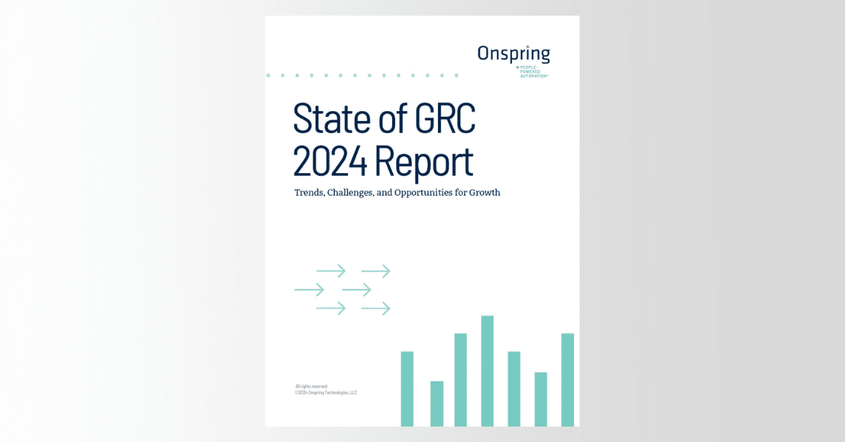 Cover page of the State of GRC 2024 Report by Onspring, featuring the State of GRC title, subtitle Trends, Challenges, and Opportunities for Growth, teal arrows, and bar chart graphics on a clean white background.