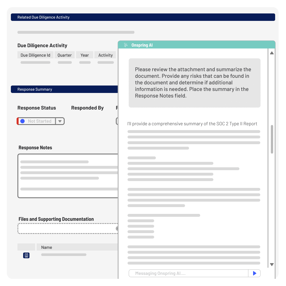 A computer screen displays a due diligence activity form with response fields and an AI-powered chat window, prompting the user to summarize a document and note any risks in the response notes section.