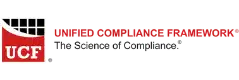 Logo featuring a red square with white grid lines and UCF in bold letters, alongside Unified Compliance Framework, the tagline The Science of Compliance, and highlighting seamless integrations for streamlined compliance management.
