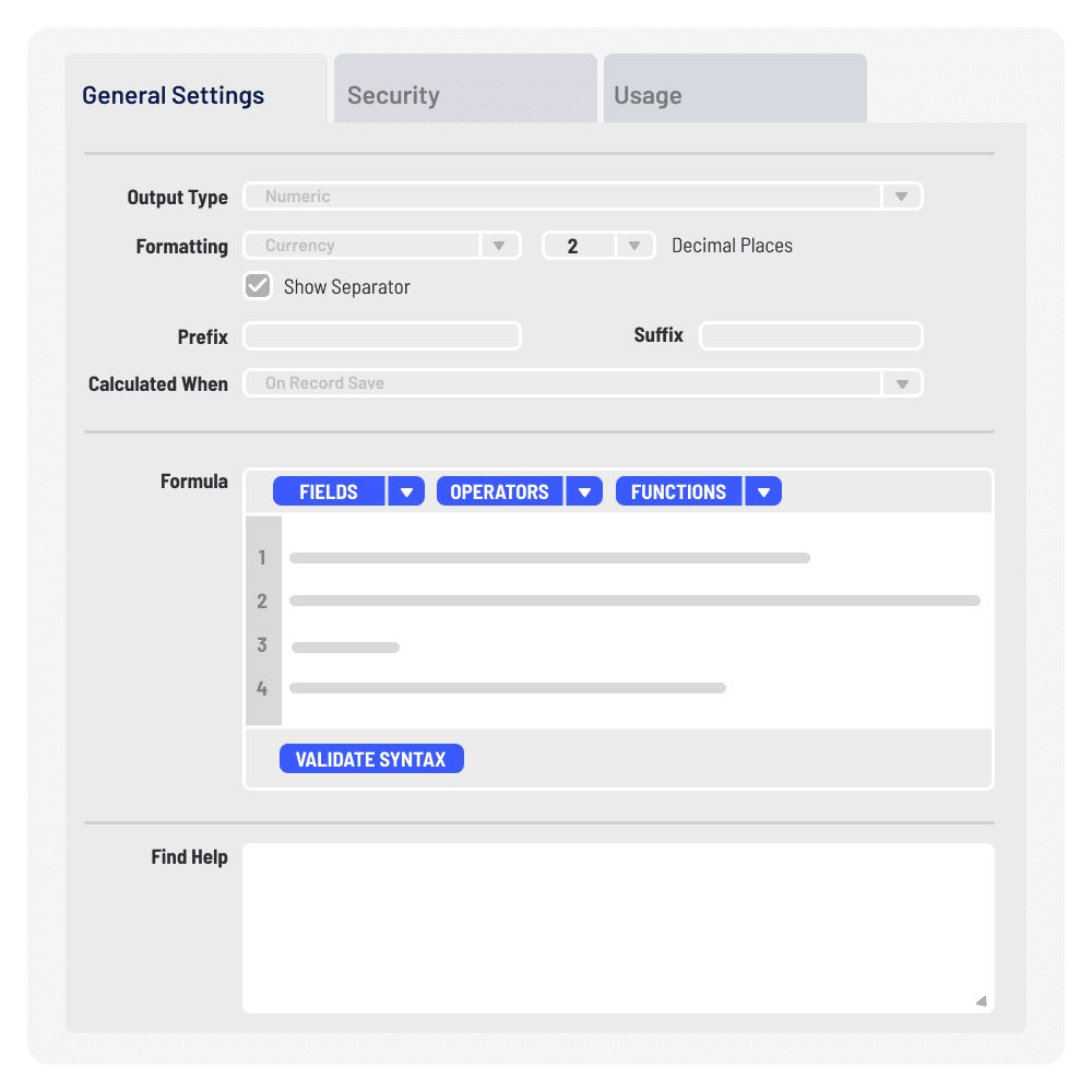 A settings interface screen showing options for configuring output type, formatting, decimal places, prefix, suffix, a formula editor, and a help section with tabs for General Settings, Security, and Usage.