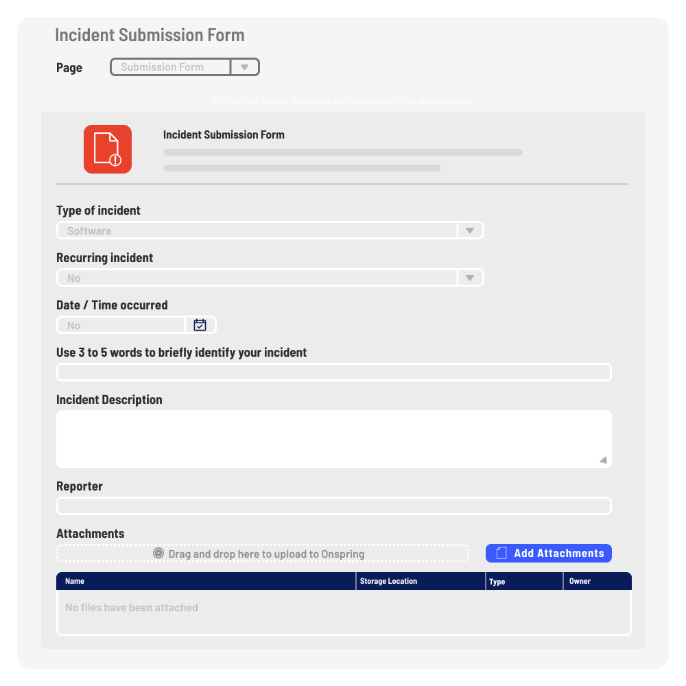 A digital Incident Submission Form with fields for incident type, recurrence, date/time, keywords, description, and reporter. There is an attachments section with an option to add files and a table for uploaded files.