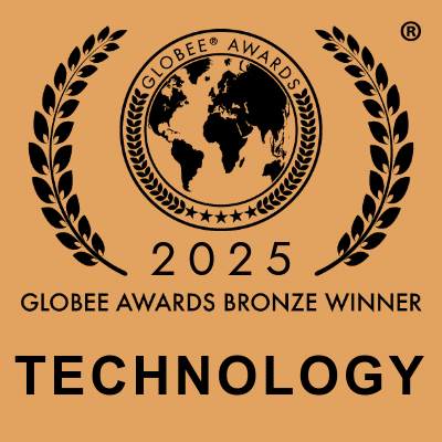 Circular emblem with laurel wreaths and globe reads 2025 GLOBEE AWARDS BRONZE WINNER, celebrating recognition in excellence. The word TECHNOLOGY is displayed in bold below on a tan background.