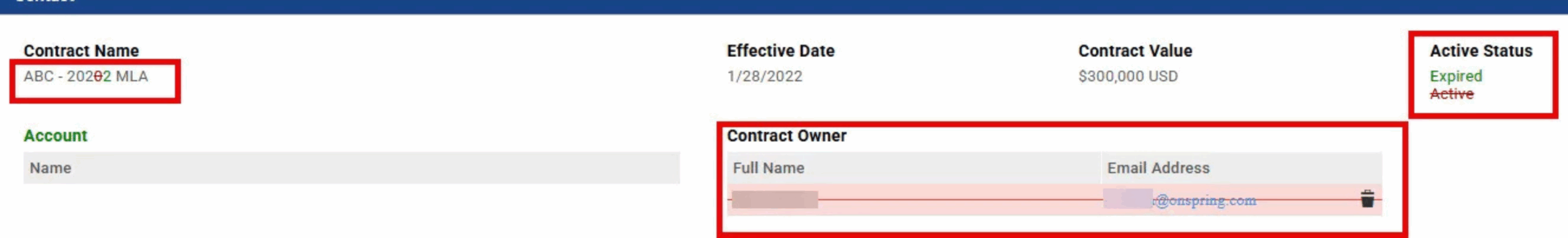 A contract summary showing the contract name, effective date, contract value, and active status. The status is marked as Expired in green and Active in red. Contract owner details are partially redacted—includes what is an audit trail feature.