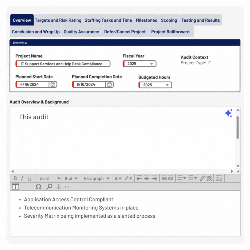 A project management software screen shows a compliance audit for IT Support Services. It lists project details, audit overview, and notes on access control, monitoring systems, and a security matrix.