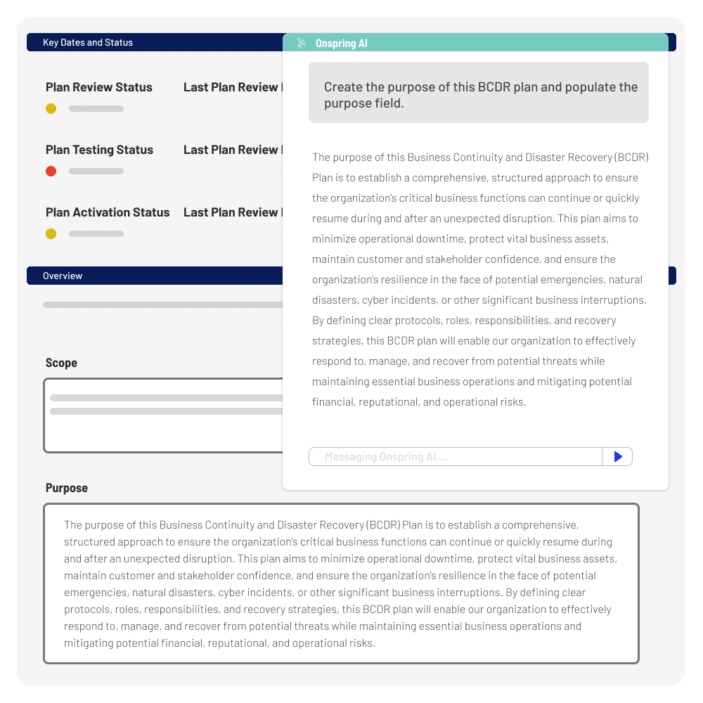 A digital interface displays sections for Key Dates and Status, Scope, and Purpose, with a highlighted AI suggestion box that provides guidance on writing the purpose for a Business Continuity and Disaster Recovery Plan.