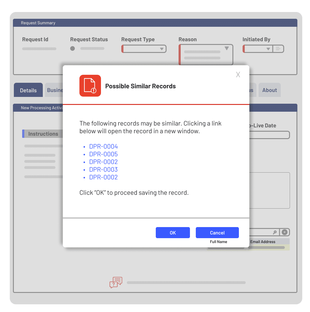 A pop-up window titled Possible Similar Records lists five record links (DPR-0004 to DPR-0002) and prompts the user to click OK or Cancel within a software interface.