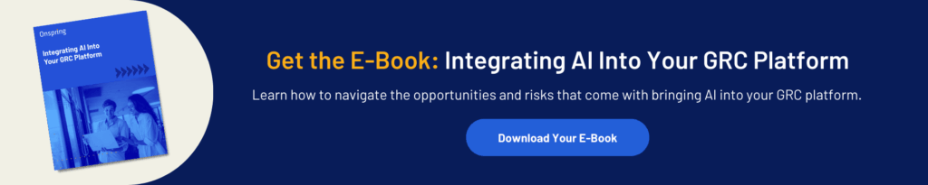 Banner promoting an E-Book titled Integrating AI Into Your GRC Platform, featuring a call-to-action button labeled Download Your E-Book and highlighting AI integration opportunities and risks in GRC platforms.