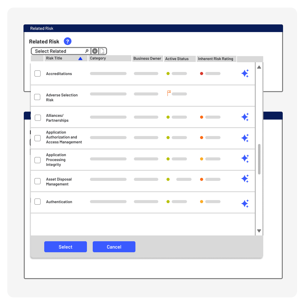 A software interface displays a Related Risk selection window with a list of risk titles, categories, business owners, activity statuses, and inherent risk ratings. Select and Cancel buttons appear at the bottom.