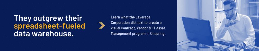 A professional man sits at a desk, looking at a computer monitor with papers in hand. Text reads: They outgrew their spreadsheet-fueled data warehouse and promote a case study about using Onspring for data and vendor management policy.