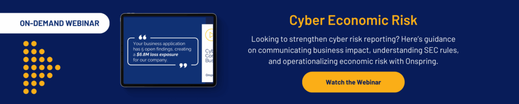 A promotional banner for an on-demand webinar titled Cyber Economic Risk, featuring a tablet with a chat bubble and a yellow Watch the Webinar button on a dark blue background, highlighting AI in enterprise risk management.