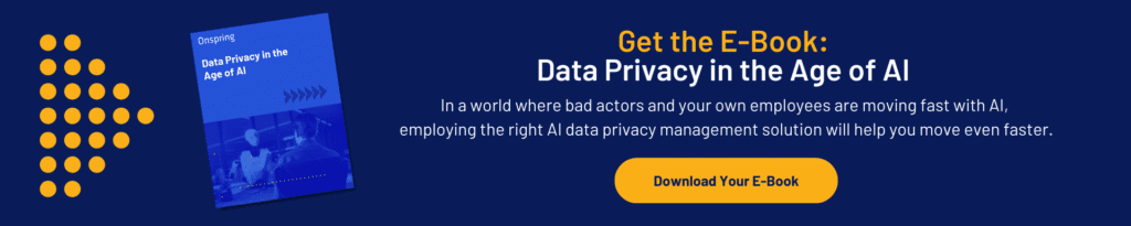 Banner image with a blue background featuring a book titled Data Privacy in the Age of AI, a call to action to download the e-book, and text about managing ai and data privacy as technology advances. Yellow dotted pattern on the left.