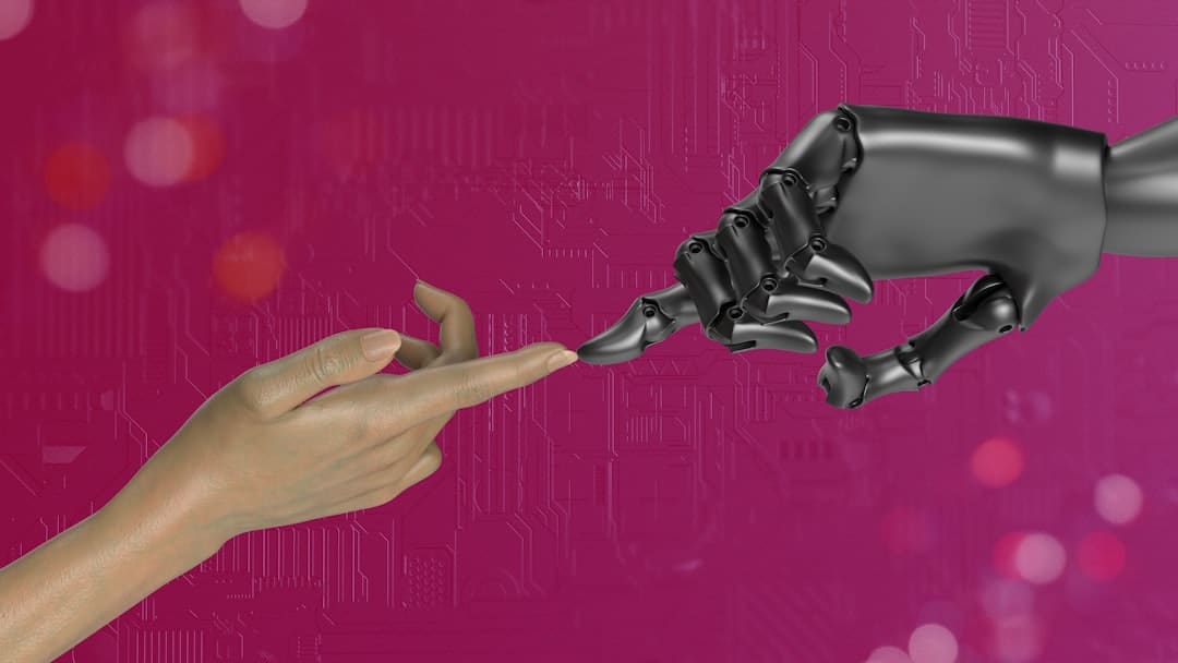 A human hand reaches out to touch the fingertip of a black robotic hand against a pink background with subtle circuit patterns, symbolizing the connection between humans and technology empowered by AI for GRC teams.