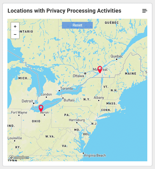 A map of the northeastern United States and southeastern Canada with red location pins marking Montreal, Quebec, and Akron, Ohio, labeled Locations with Privacy Processing Activities for data privacy and regulatory compliance.