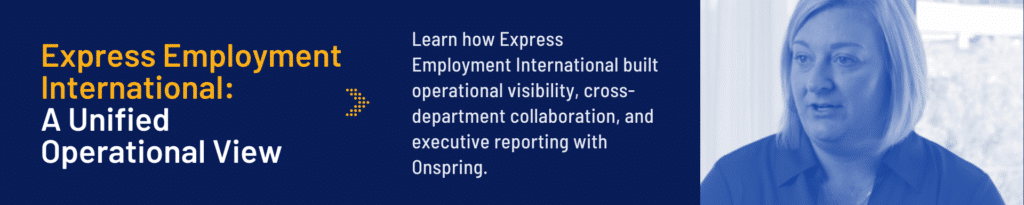 Banner with the text Express Employment International: A Unified Operational View and a woman speaking on the right. Additional text highlights operational benefits and cyber risk management achieved with Onspring in this case study.
