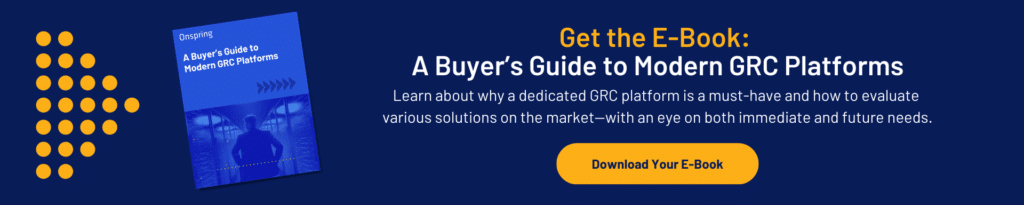 Banner showcasing an e-book titled A Buyer’s Guide to Modern GRC Platforms, featuring a blue book cover, yellow dots, and a Download Your E-Book button on a sleek dark blue background. Discover the future of modern GRC today.