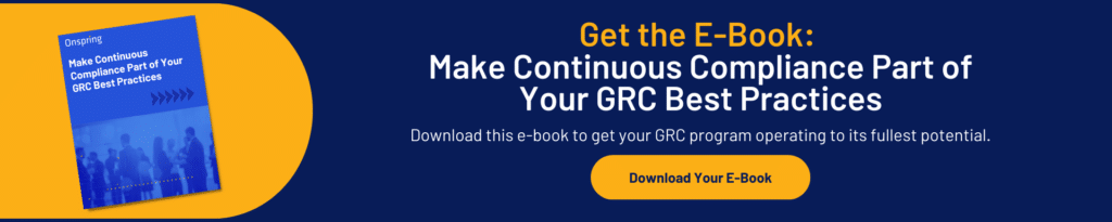 A promotional banner with a blue background advertising an e-book titled “Make Continuous Compliance Part of Your GRC Best Practices,” highlighting compliance reporting and featuring a yellow “Download Your E-Book” button.
