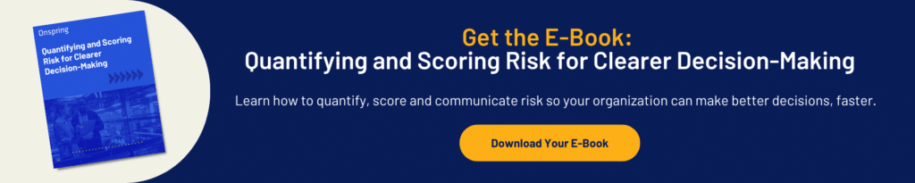 Wide banner showing a blue e-book cover on the left and text on a dark blue background promoting an e-book about real-time risk management for decision-making. A yellow button says Download Your E-Book.
