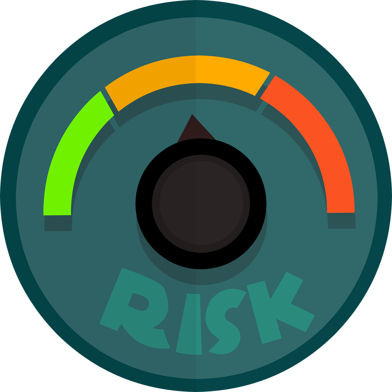 A gauge labeled RISK with a black needle pointing to the yellow-orange section—much like how to assess GRC maturity—indicating a medium to high risk level. The gauge ranges from green (low) to red (high).
