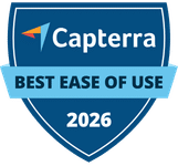 A blue shield-shaped badge with the Capterra logo and text that reads Best Ease of Use 2026.