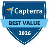 Blue shield-shaped badge with the Capterra logo at the top, a blue banner in the middle reading Best Value, and 2026 written below.
