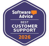 A hexagonal badge with Software Advice and a speech bubble at the top, and the words Best Customer Support 2026 below. The badge has a dark border and white background.