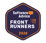 A dark hexagonal badge with Software Advice Front Runners 2026 written in white and orange text, featuring an orange speech bubble and dotted grid design.