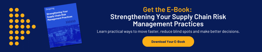 Banner promoting an e-book titled Strengthening Your Supply Chain Risk Management Practices, featuring insights from NIST supply chain risk management. Blue background, yellow accents, and a “Download Your E-Book” button highlight key benefits.