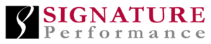 Logo for Signature Performance featuring a stylized white S on a black square, with the word Signature in large red letters and Performance in smaller gray letters beside it—a design crafted with Erin Elkins’s distinctive touch.