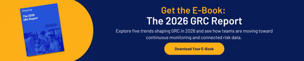 A promotional banner for The 2026 GRC Report e-book, highlighting how AI is making life easier for cybercriminals, with a blue cover image and a yellow "Download Your E-Book" button on a dark blue and yellow background.
