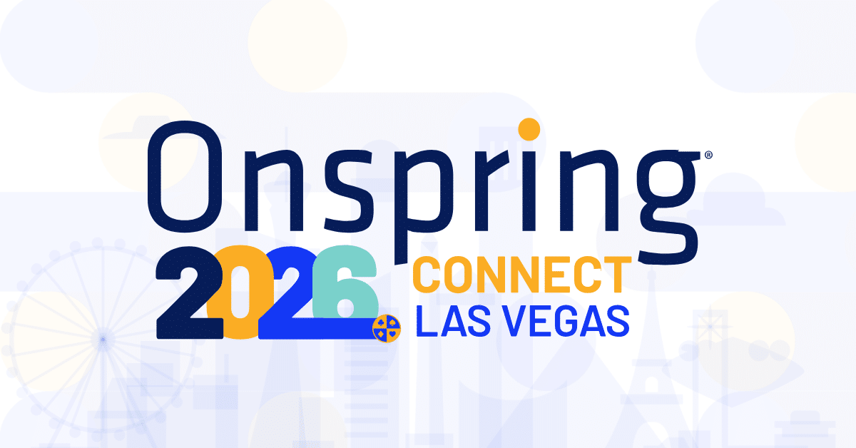 Logo for Onspring Connect 2026 conference in Las Vegas with bold blue, orange, and teal lettering. The background highlights faint Las Vegas icons, such as the Ferris wheel and cityscape, in soft pastel shades.