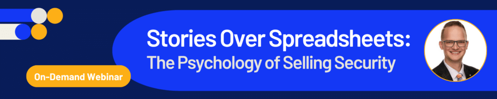 Webinar banner: Stories Over Spreadsheets: The Psychology of Selling Security. Includes a smiling person in a suit and an “On-Demand Webinar” button on a blue background with abstract yellow and white circles, highlighting how compliance software can support your security sales strategy.