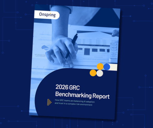 Cover of the 2026 GRC Benchmarking Report by Onspring, featuring a hand holding a pen over financial documents and charts, with geometric designs in blue, white, and yellow.