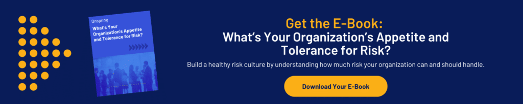 Banner promoting an e-book titled What's Your Organization's Appetite and Tolerance for Risk? featuring a button labeled Download Your E-Book and yellow dots forming an arrow pattern on the left to highlight insights on risk appetite.