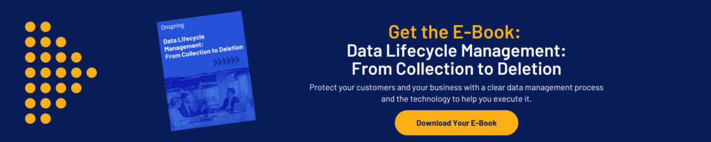 Banner promoting an e-book titled Data Lifecycle Management: From Collection to Deletion, highlighting the importance of data minimization, with a download button and abstract yellow dotted graphic on a dark blue background.