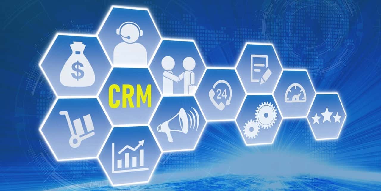 A digital graphic with hexagonal icons representing customer relationship management (CRM) concepts—such as a money bag, headset, handshake, and more—displayed on a blue tech-themed background.