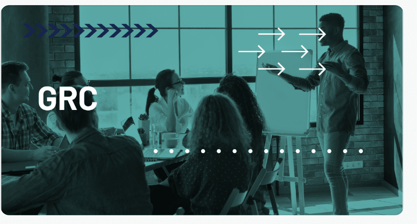 A group of people sits at a table, listening to a presentation by a window. The text GRC appears on the left, with white arrows and dots as graphic overlays, referencing the upcoming 2026 IIA GRC Conference.