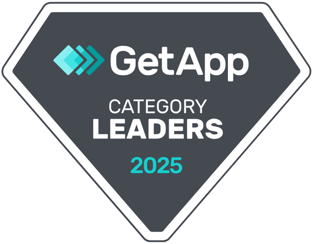 Badge in the shape of a diamond with the GetApp logo and text reading GetApp Category Leaders 2025 on a dark background, representing prestigious awards and industry recognition.